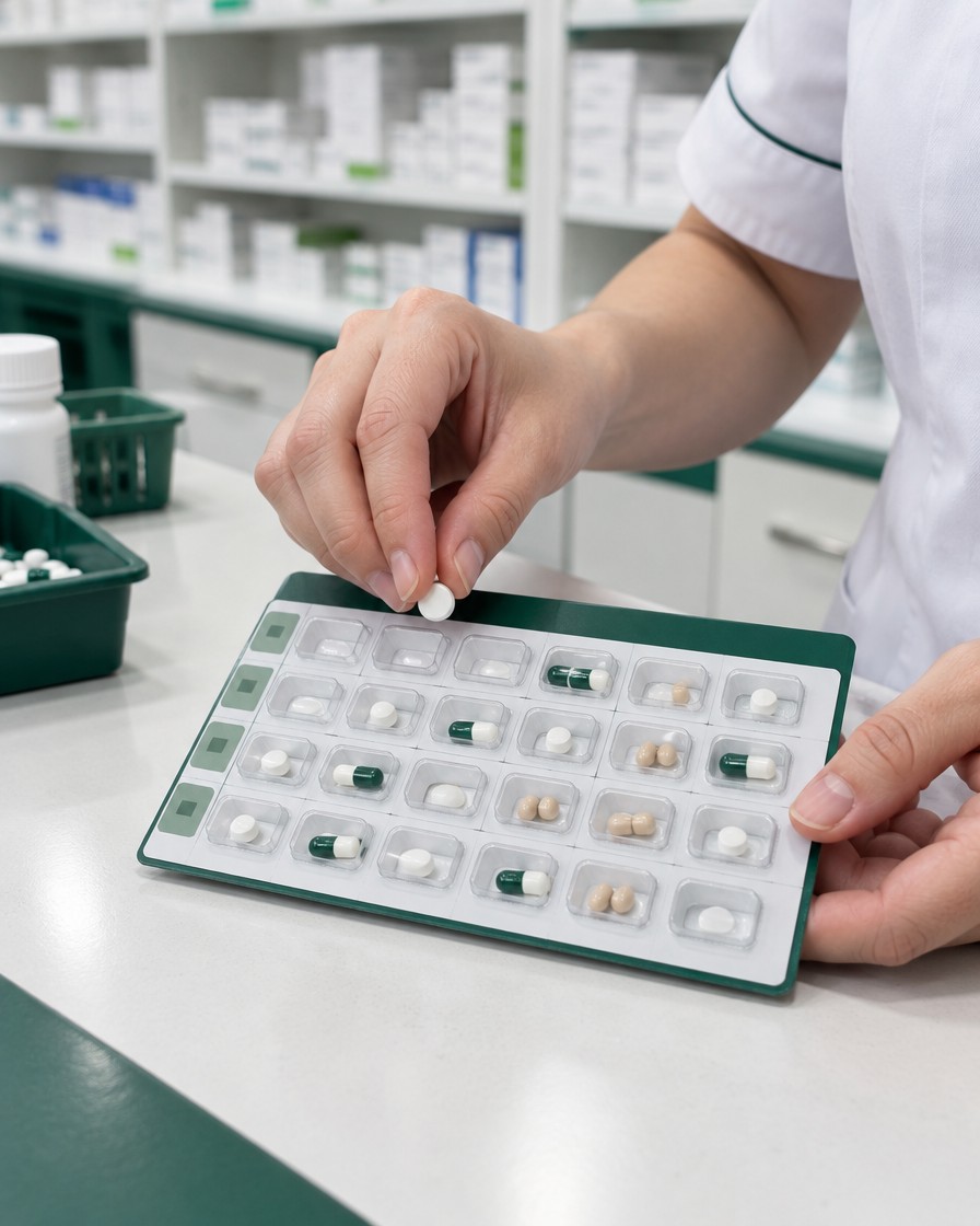 A pharmacist's hands placing a tablet into one compartment of a weekly blister pack on the dispensary counter.