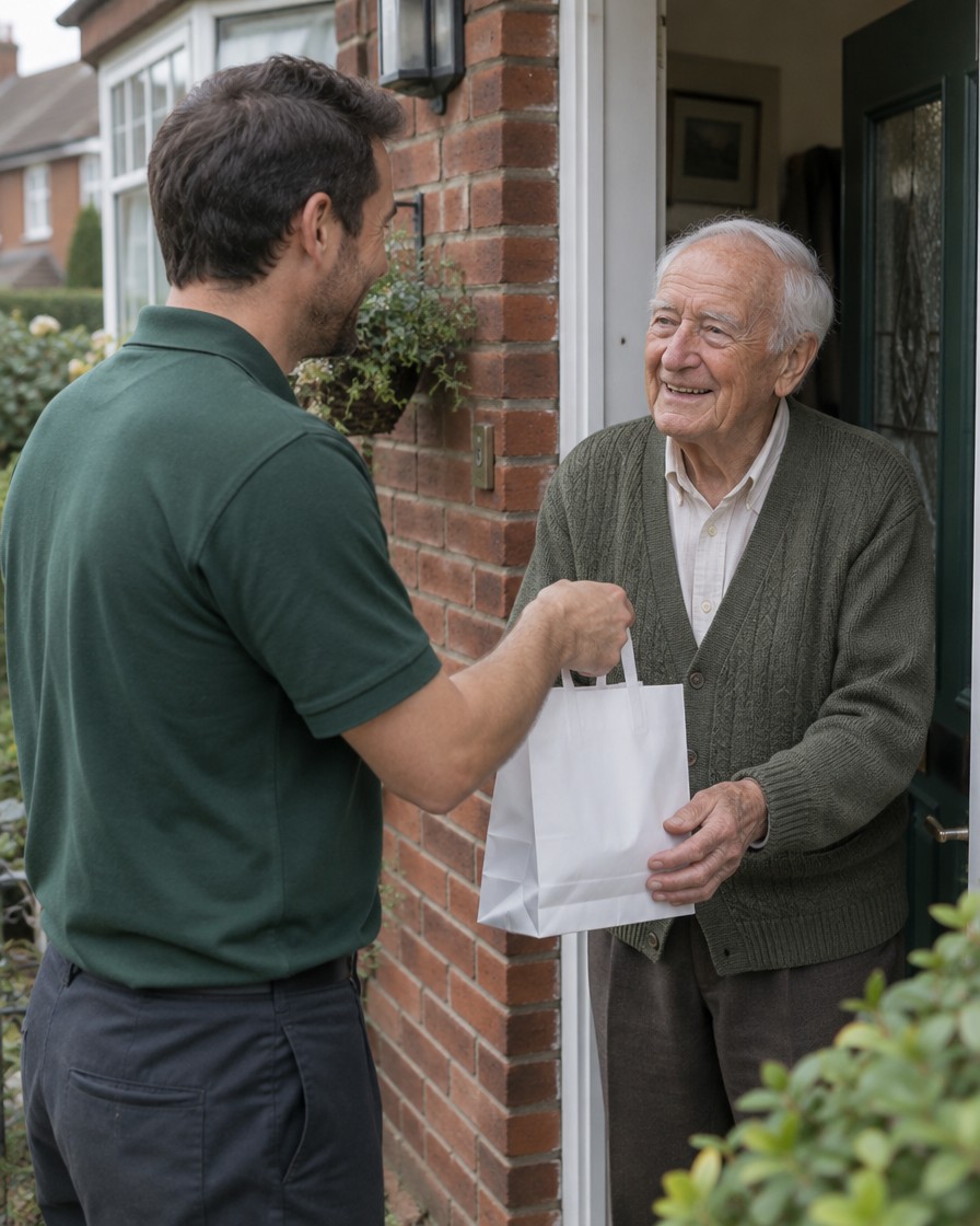 A FastHeal delivery driver handing a white pharmacy bag to a smiling older man at his front door.