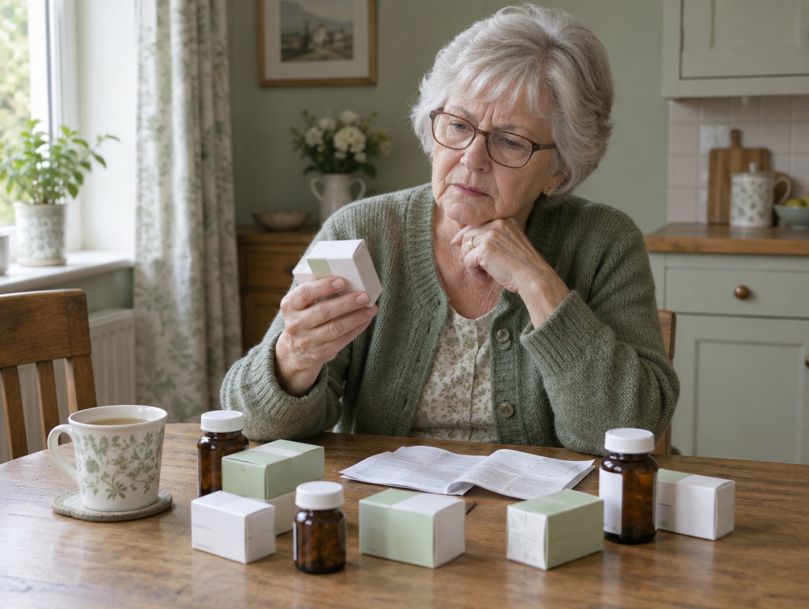 An older woman at her kitchen table, reading the label on a small medicine box, with several other boxes and bottles spread out in front of her.