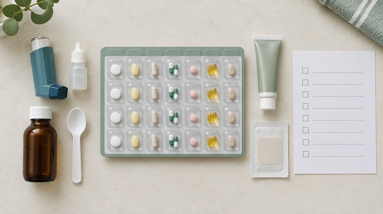 A weekly blister pack laid out on a worktop beside an inhaler, eye drops, a bottle of liquid medicine with a spoon, a tube of cream, a patch and a printed checklist.